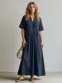Elegant navy blue cotton linen maxi dress with pleated V-neck details and loose fit - Blue / S