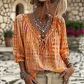 Bohemian polka dot printed blouse featuring a drawstring V-neck and ruffled sleeves - S / Tops / Orange Red
