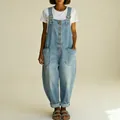 Professional full-body view of women's baggy light blue denim overalls with adjustable buckles - S / Set / Light Blue