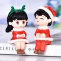 Cute Christmas sitting couple figurines for desk ornament and micro landscape decor - Red Couple Pair