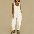 Detail of women's vintage cream denim overalls with adjustable buckles and buttons - S / Set / White