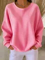 Casual pink waffle knit sweatshirt with a round neck and long sleeves for women - S / Tops / Pink