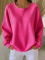 Vibrant women's casual fuchsia pink waffle knit round neck long sleeve sweatshirt - S / Tops / Rose Red
