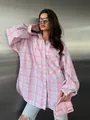 Macro detail of pink and blue plaid oversized long-sleeve shirt for women casual wear - S / Tops / Pink