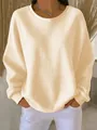 Women's casual cream long-sleeved round neck sweatshirt with soft waffle knit texture - Light Yellow