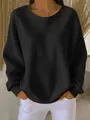Casual black waffle knit sweatshirt for women with crew neck and oversized long sleeves - Black