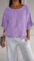 Detalle de blusa de algodón y lino lavanda de manga corta con volantes y cuello redondo - Violeta Claro
