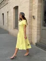 Elegant solid yellow slim waist midi dress for women featuring a minimalist summer design - S / Dresses / Yellow