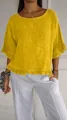 Detalle de blusa de algodón y lino amarilla con mangas de volantes para mujer - Amarillo