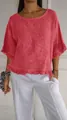 Blusa informal de algodón y lino rosa con dobladillo de volantes y ajuste holgado - Rojo sandía