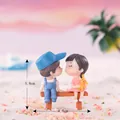 Handmade miniature couple sitting on bench figurines for DIY micro-landscape and car decor - Blue Pink Pair with Bench