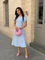 Elegant light blue summer dress with flutter sleeves and cinched waist for a stylish look - S / Dresses / Blue
