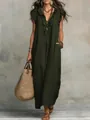 Elegant bohemian dark green ruffle sleeve floor-length maxi dress with convenient side pockets - Olive Green
