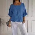 Blusa de verano suelta de algodón y lino azul con mangas cortas de volantes y cuello redondo - S / Tops / Azul