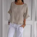 Elegante blusa beige de lino y algodón con manga corta y bajo con volantes para mujer - S / Tops / Albaricoque