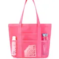 Pink mesh beach tote bag with multiple exterior storage pockets and shoulder straps - Rose Red