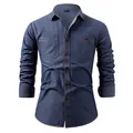 Men's dark blue long sleeve cotton denim shirt with dual chest pockets and retro buttons - 3XL / Tops / Double Pockets / Dark Blue