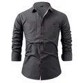 Classic dark gray long-sleeved denim shirt for men featuring orange contrast stitching - 3XL / Tops / Double Pockets / Gray