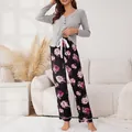 Two-piece floral print pajama set with grey long-sleeve top and patterned pants for women - S / Top And Bottom / Gray