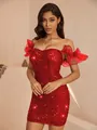 Elegant red off-the-shoulder sequined mini dress with ruffled sleeves for glamour parties - XS / Top And Bottom / Red