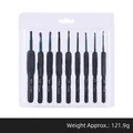 Detailed view of 9-piece soft handle crochet hook set with sizes and packaging dimensions. - 9-Piece Card Pack / Black