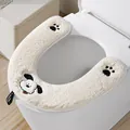 Soft plush white winter toilet seat cover with cute cartoon dog embroidery and paw prints - U-Shaped Toilet Mat / White