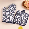 Thick floral print heat resistant oven mitt and pot holder set for kitchen baking - Navy Blue (Mitt + Pad)