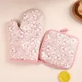 Heat resistant pink floral oven mitt and pot holder set for home baking and kitchen use - Pink (Mitt + Pad)