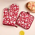 Red floral heat-insulated oven mitt and pot holder set for baking and cooking tasks. - Red (Mitt + Pad)