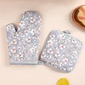 Thickened blue floral oven mitt and pot holder set for heat resistant kitchen baking - Light Blue (Mitt + Pad)