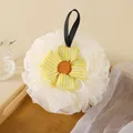Soft white sunflower bath sponge with yellow checkered flower and black strap - Sun Flower Shape / White