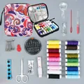 Comprehensive portable colorful paisley print sewing kit set with various threads and tools - Pink Bag with Magnifier / 86 Pieces Set / Pink