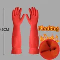 Durable long red waterproof rubber housework gloves with warm orange flocked lining - S / Fleece Lined Style / 45cm / Red