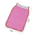 Pink double-sided exfoliating bath glove showing dimensions of 21cm in length and 14cm width - Pink