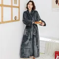 Thick warm dark grey flannel bathrobe for winter long coral fleece home loungewear - M / Robe / Grey [Women]