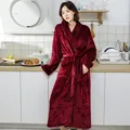 Lange bordeauxrode flanellen badjas voor dames, dikke koraalfleece voor de winter - XL / Robe / Wijnrood (Dames)