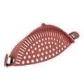 Red silicone clip-on pot strainer with stainless steel clips for straining water from food. - Burgundy