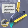 V-shaped floor scrub brush with long handle and 180° rotating head for crevice cleaning - 3-Section Pole Style / Total Length 126CM / Blue and Yellow