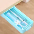 Light blue under-desk adhesive drawer organizer with stationery for school and office. - Blue