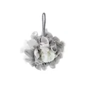 Premium two-tone grey and white mesh bath sponge with hanging loop for rich lathering - Grey + White