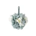Soft dual-color grey and white mesh bath sponge with hanging loop for gentle exfoliation - Blue + White