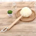 Long-handled bath mesh loofah with natural wooden handle for back scrubbing and massage - White with Wood Handle