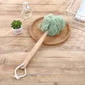 Long-handled bath sponge with light green mesh loofah ball and natural wooden handle - Green with Wood Handle