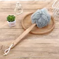 Premium long handle grey mesh bath loofah for back scrubbing shown on wooden tray - Grey with Wood Handle