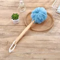 Premium long-handled bath puff shower brush featuring light blue mesh and wooden handle - Blue with Wood Handle