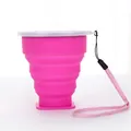 Portable rose pink collapsible silicone water cup with lid and pink lanyard, BPA free - With Lid and Lanyard / Rose Red