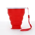 Portable red silicone collapsible water cup with lid and strap for outdoor travel. - With Lid and Lanyard / Red
