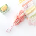 Pink and white striped long bath mesh loofah with dual hanging loops for exfoliation - Pink + White