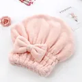 Soft pink coral fleece hair drying cap with a large bow for fast water absorption - Pink