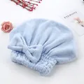 Premium light blue thickened coral fleece hair drying cap featuring a large bow decoration - Blue